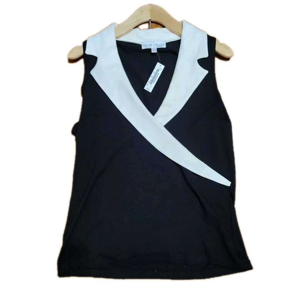 White House Black Market Career Blouse Vest Top Size Large Black/Cream NWT New